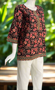 Black/Peach Floral Jaipur Cotton Short Kurti. Pure Versatile Cotton. | Laces and Frills