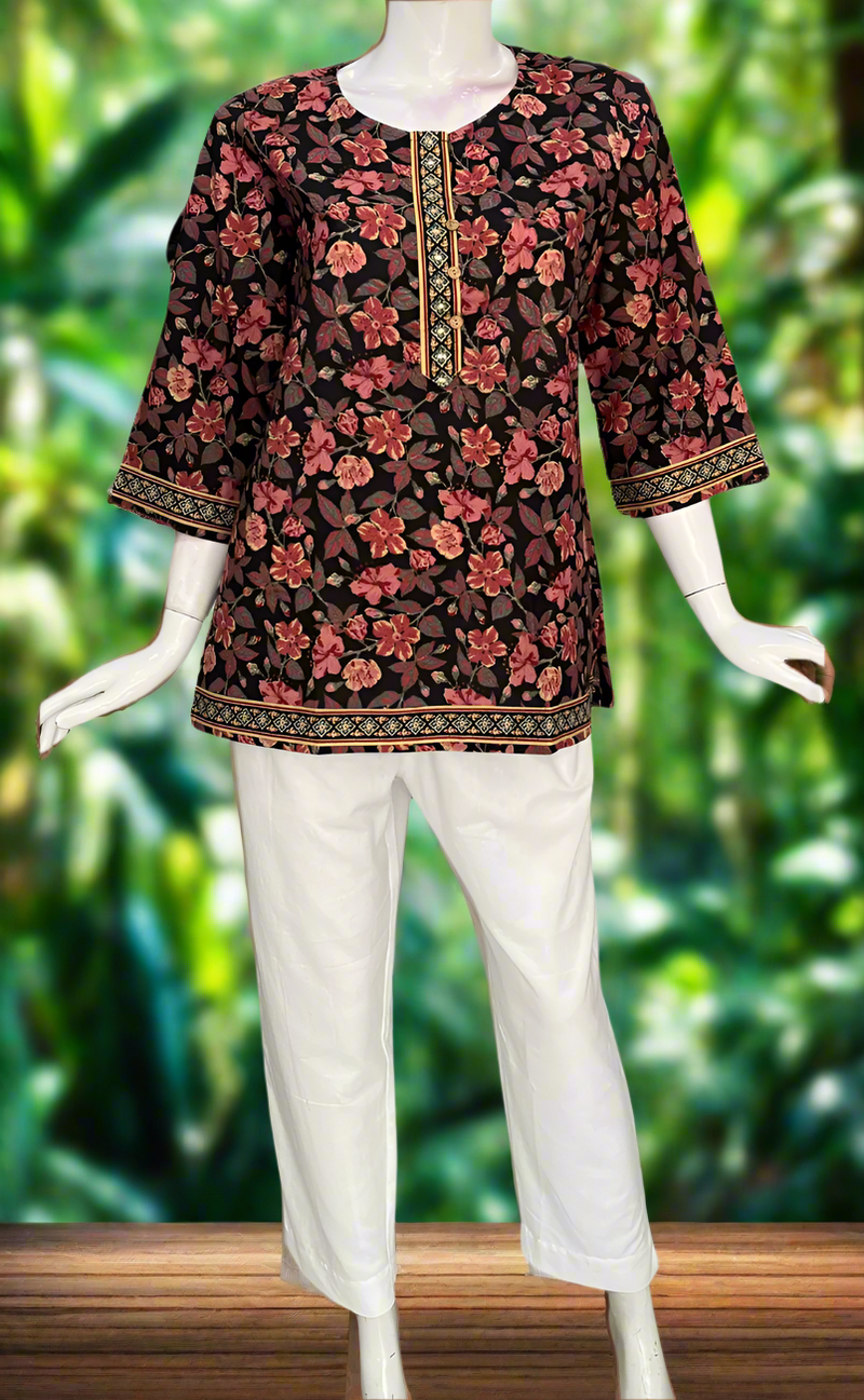 Black/Peach Floral Jaipur Cotton Short Kurti. Pure Versatile Cotton. | Laces and Frills