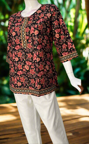 Black/Peach Floral Jaipur Cotton Short Kurti. Pure Versatile Cotton. | Laces and Frills