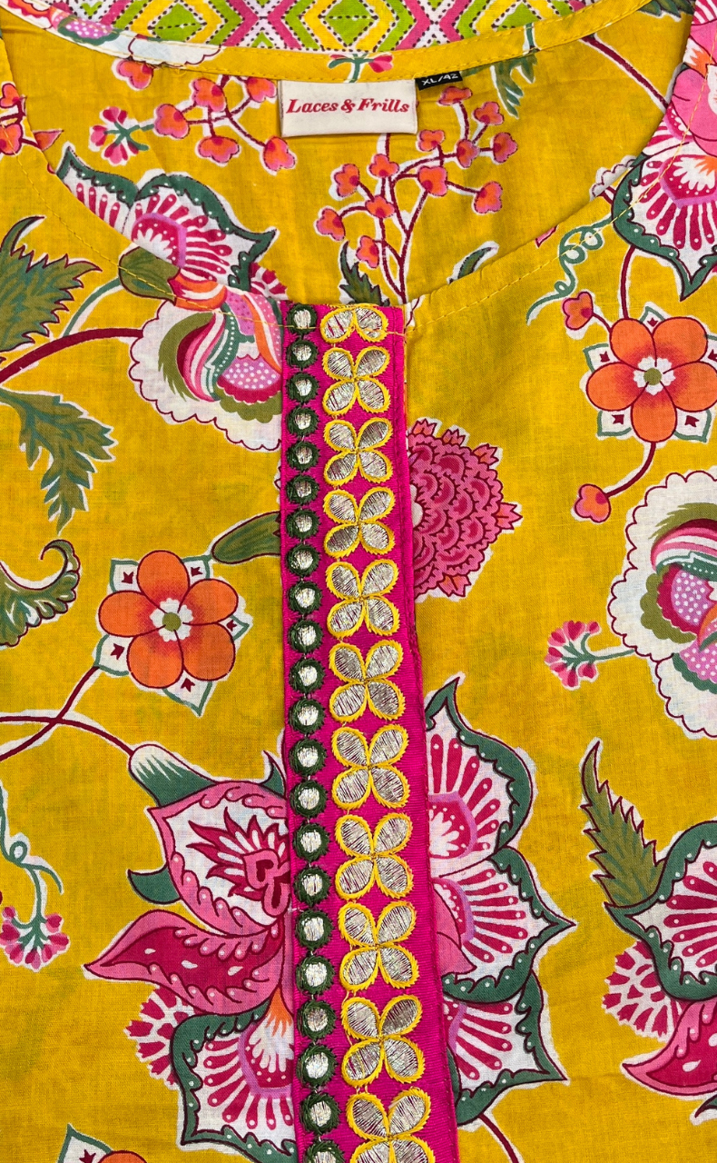 Yellow Garden Jaipur Cotton Short Kurti. Pure Versatile Cotton. | Laces and Frills