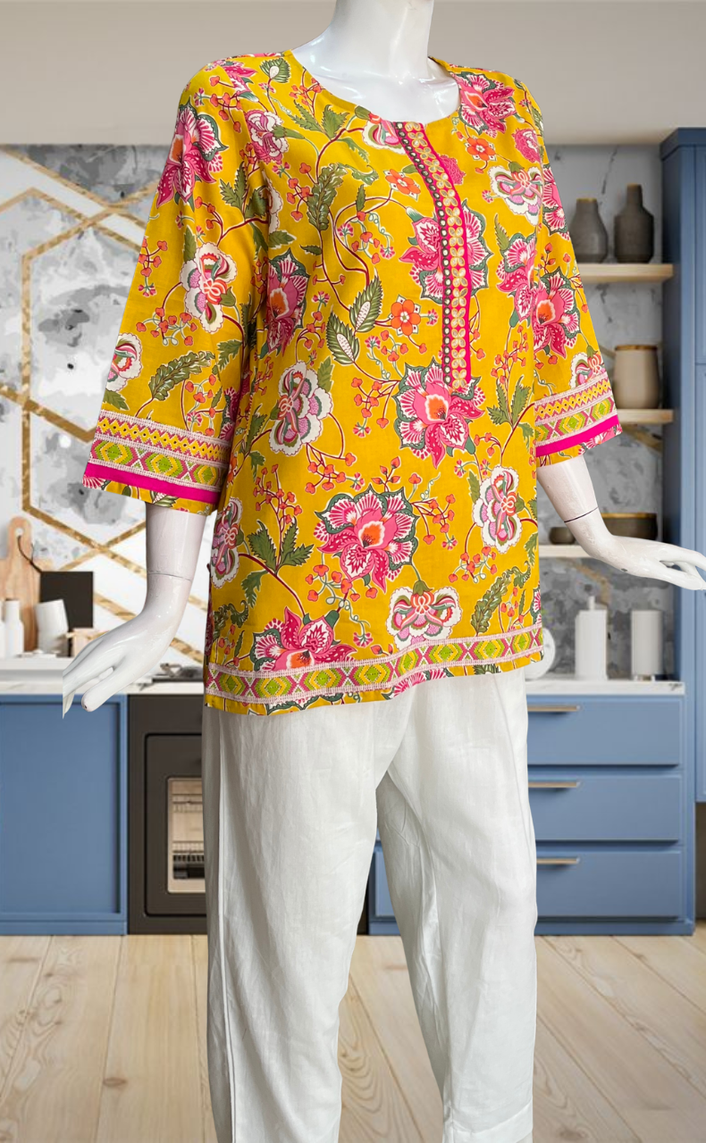 Yellow Garden Jaipur Cotton Short Kurti. Pure Versatile Cotton. | Laces and Frills