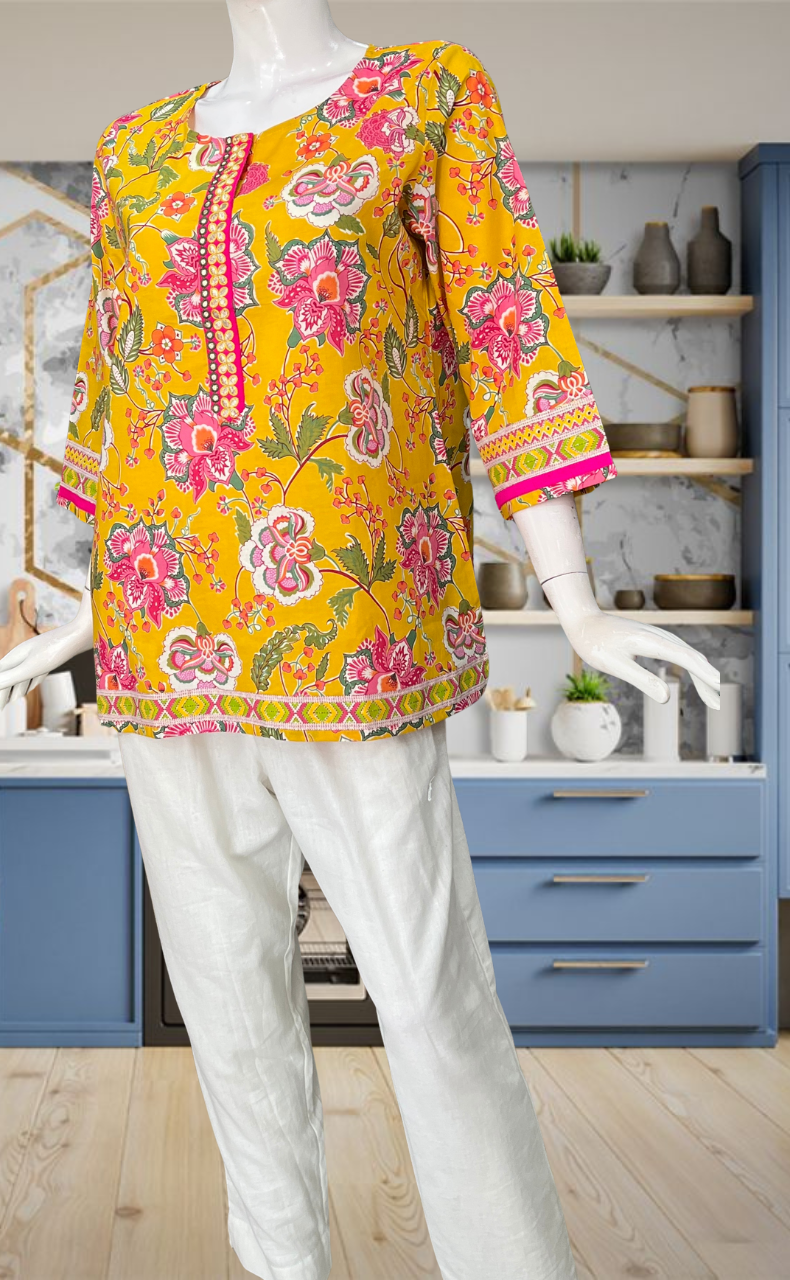 Yellow Garden Jaipur Cotton Short Kurti. Pure Versatile Cotton. | Laces and Frills