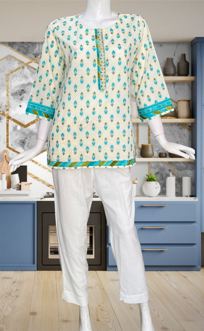 Sea Green Flora Jaipur Cotton Short Kurti. Pure Versatile Cotton. | Laces and Frills