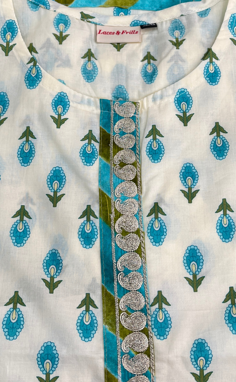Sea Green Flora Jaipur Cotton Short Kurti. Pure Versatile Cotton. | Laces and Frills