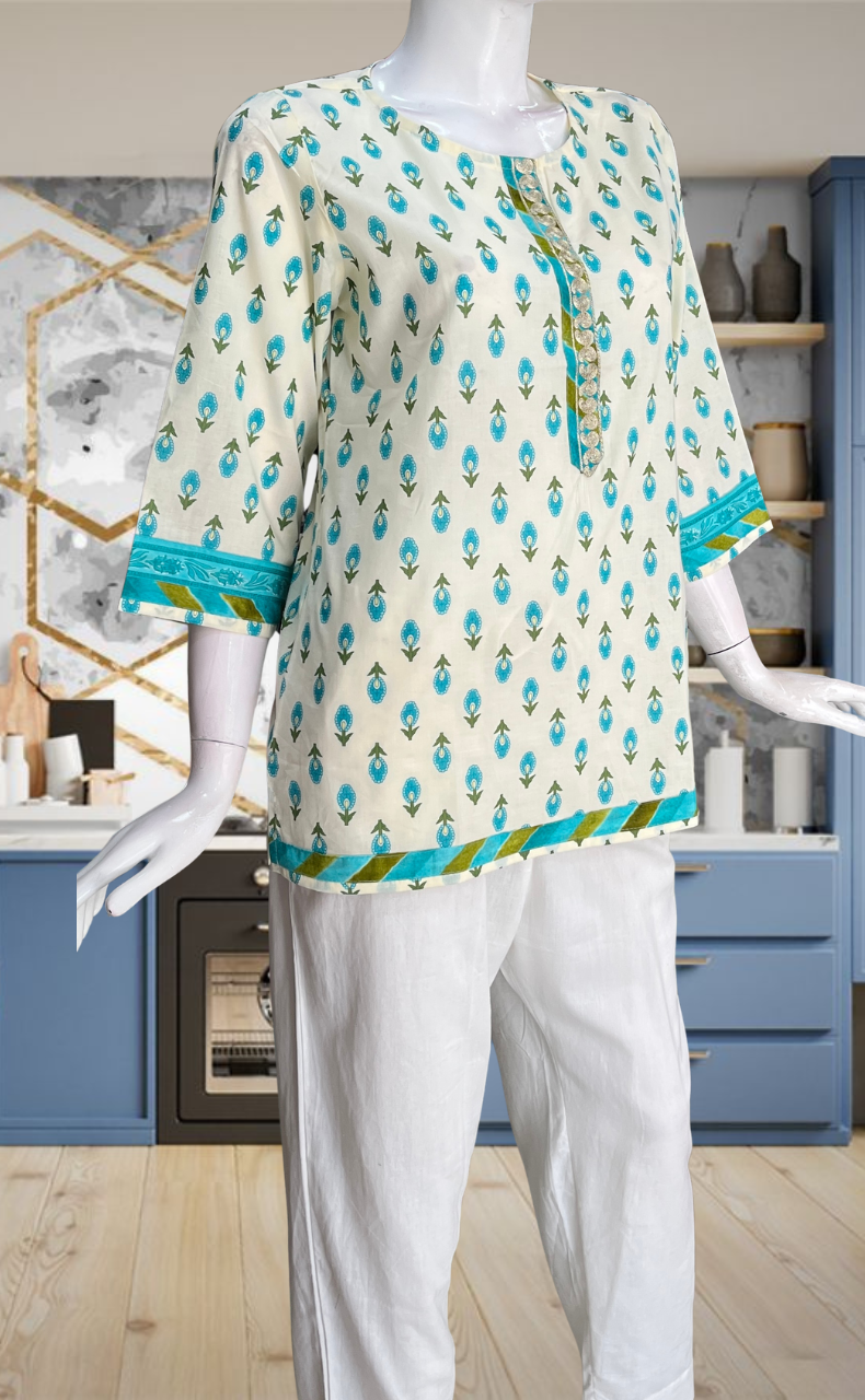 Sea Green Flora Jaipur Cotton Short Kurti. Pure Versatile Cotton. | Laces and Frills