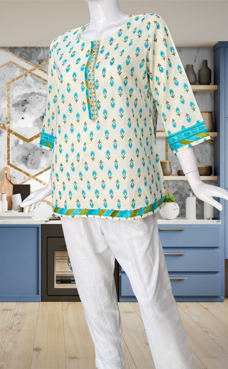 Sea Green Flora Jaipur Cotton Short Kurti. Pure Versatile Cotton. | Laces and Frills