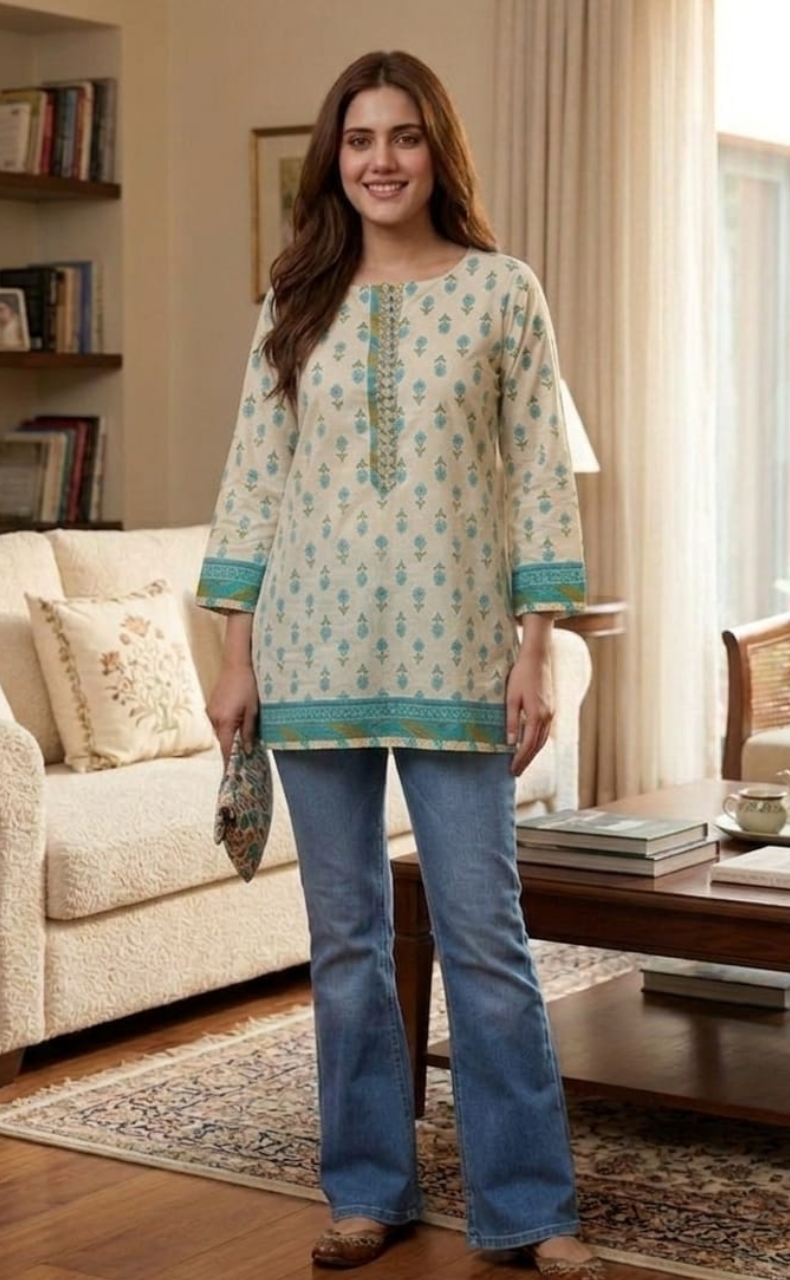 Sea Green Flora Jaipur Cotton Short Kurti. Pure Versatile Cotton. | Laces and Frills