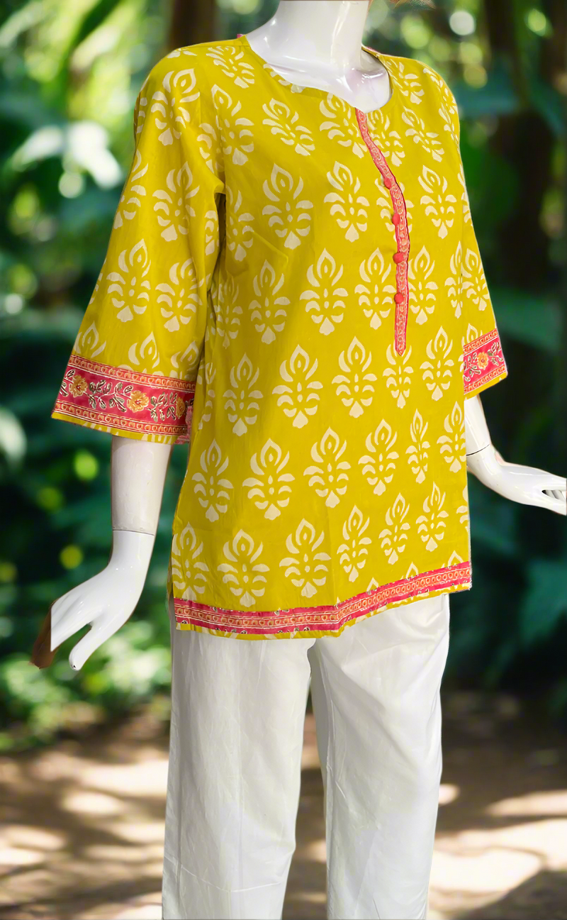Yellow Floral Jaipur Cotton Short Kurti. Pure Versatile Cotton. | Laces and Frills