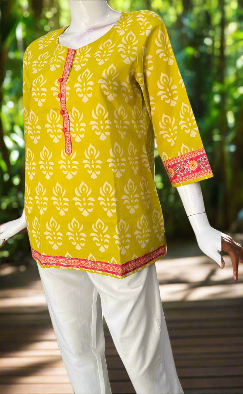 Yellow Floral Jaipur Cotton Short Kurti. Pure Versatile Cotton. | Laces and Frills