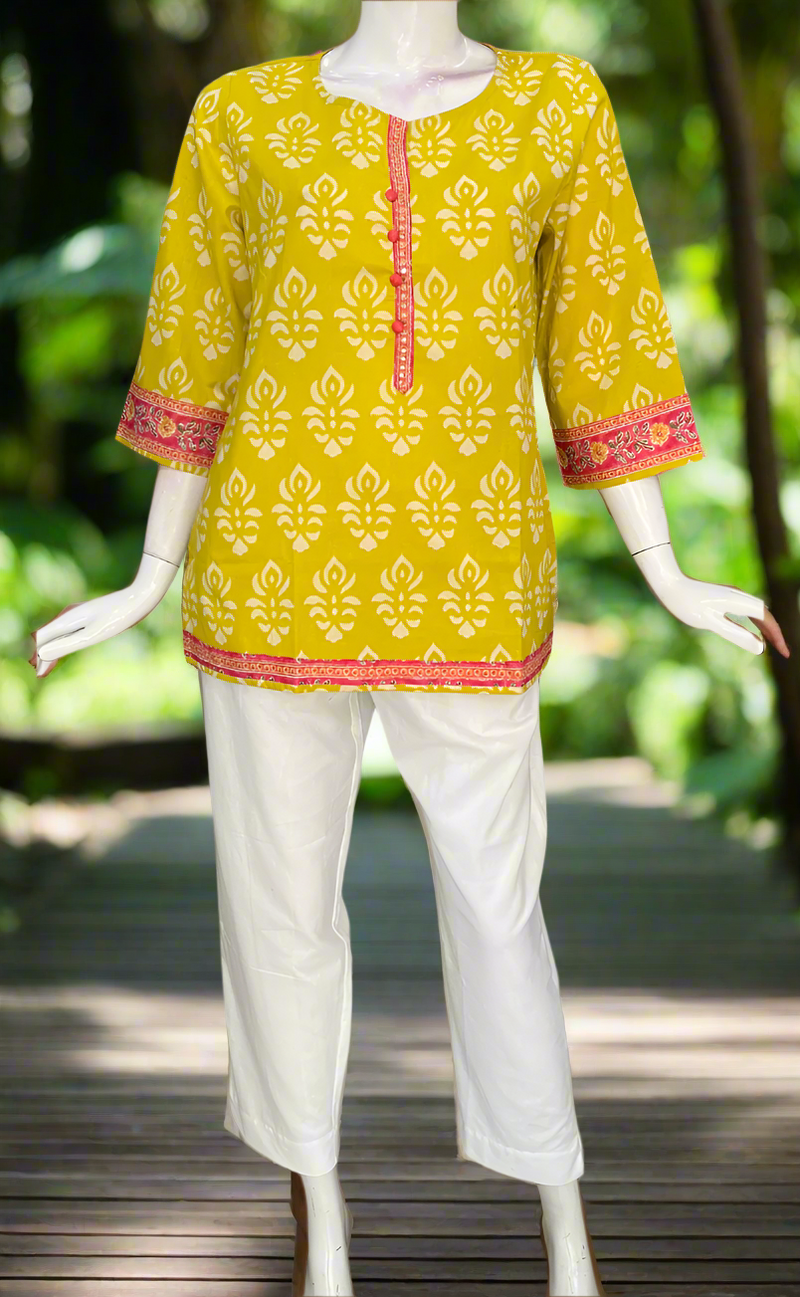 Yellow Floral Jaipur Cotton Short Kurti. Pure Versatile Cotton. | Laces and Frills