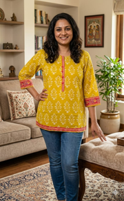 Yellow Floral Jaipur Cotton Short Kurti. Pure Versatile Cotton. | Laces and Frills - Laces and Frills