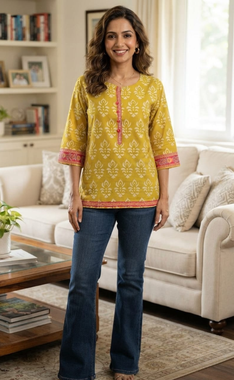 Yellow Floral Jaipur Cotton Short Kurti. Pure Versatile Cotton. | Laces and Frills