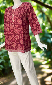 Maroon Floral Jaipur Cotton Short Kurti. Pure Versatile Cotton. | Laces and Frills