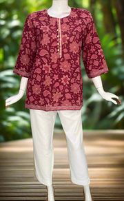 Maroon Floral Jaipur Cotton Short Kurti. Pure Versatile Cotton. | Laces and Frills