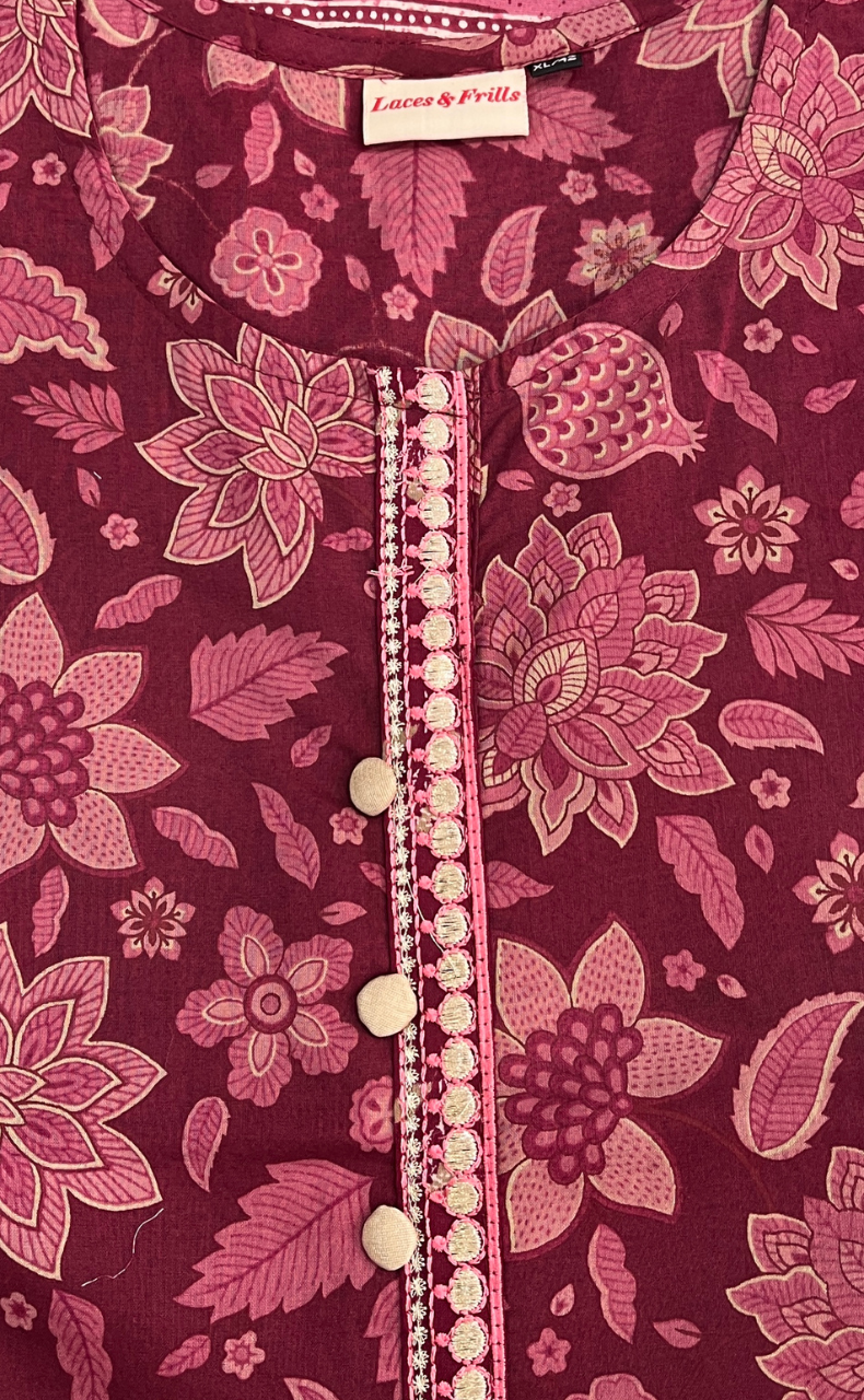 Maroon Floral Jaipur Cotton Short Kurti. Pure Versatile Cotton. | Laces and Frills