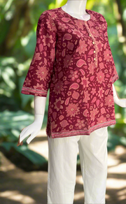 Maroon Floral Jaipur Cotton Short Kurti. Pure Versatile Cotton. | Laces and Frills