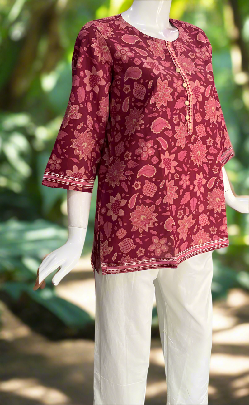 Maroon Floral Jaipur Cotton Short Kurti. Pure Versatile Cotton. | Laces and Frills