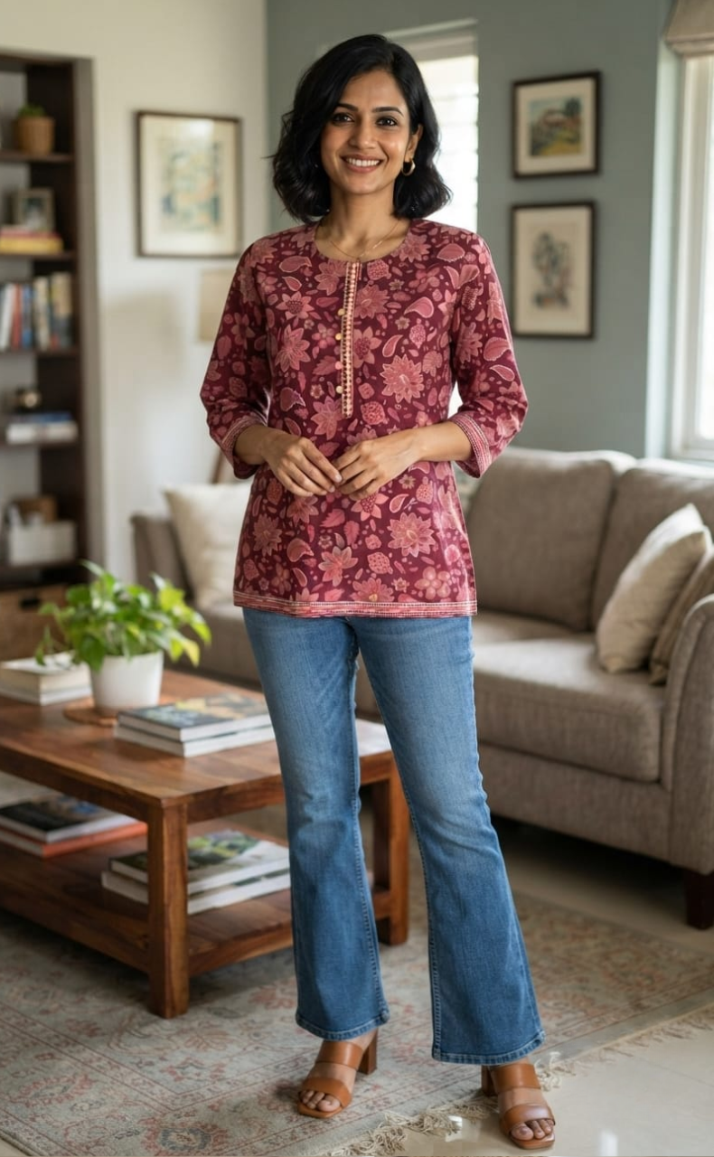 Maroon Floral Jaipur Cotton Short Kurti. Pure Versatile Cotton. | Laces and Frills