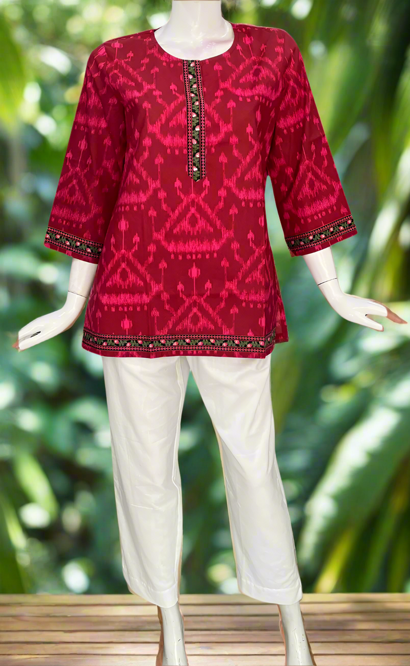 Maroon/Pink Ikkat Jaipur Cotton Short Kurti. Pure Versatile Cotton. | Laces and Frills