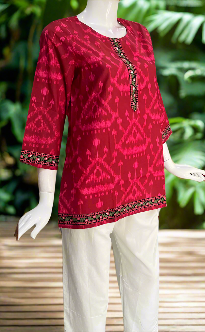 Maroon/Pink Ikkat Jaipur Cotton Short Kurti. Pure Versatile Cotton. | Laces and Frills