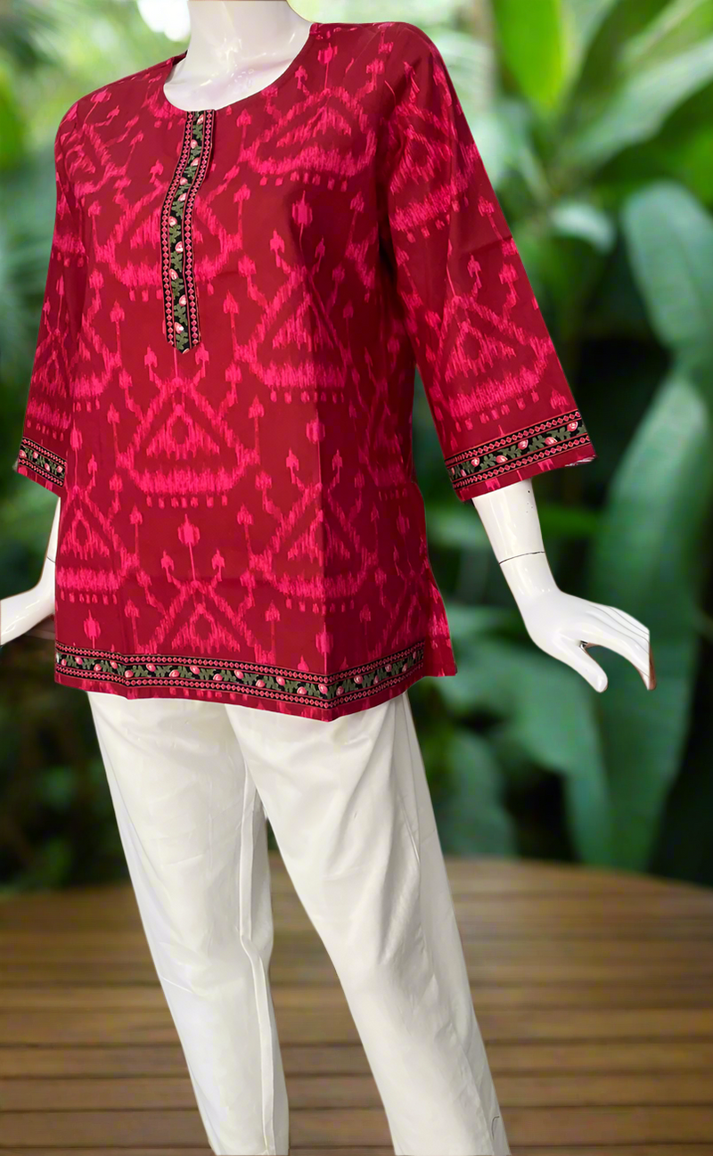 Maroon/Pink Ikkat Jaipur Cotton Short Kurti. Pure Versatile Cotton. | Laces and Frills