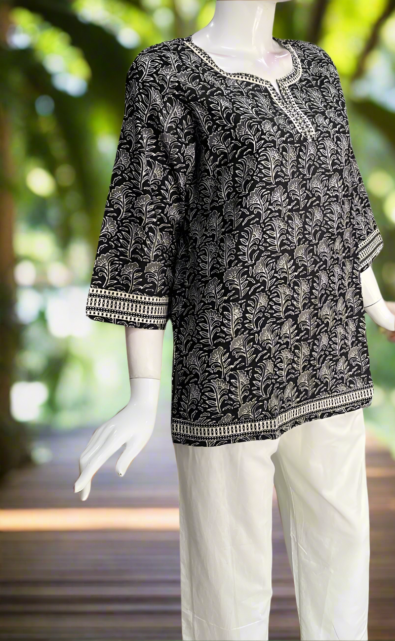Black Floral Jaipur Cotton Short Kurti. Pure Versatile Cotton. | Laces and Frills