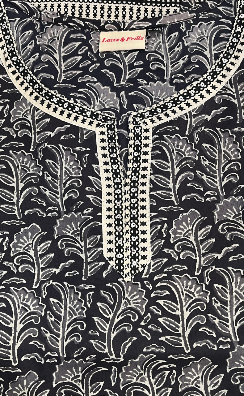 Black Floral Jaipur Cotton Short Kurti. Pure Versatile Cotton. | Laces and Frills