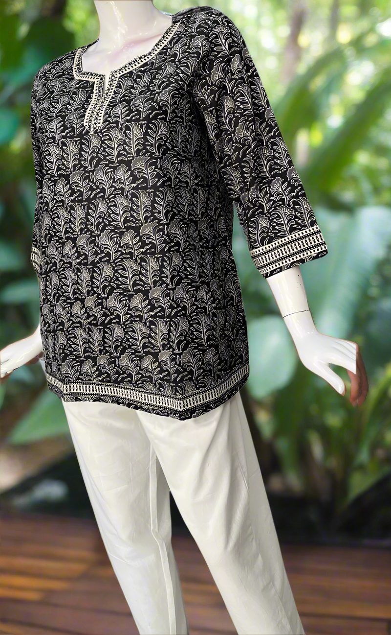 Black Floral Jaipur Cotton Short Kurti. Pure Versatile Cotton. | Laces and Frills