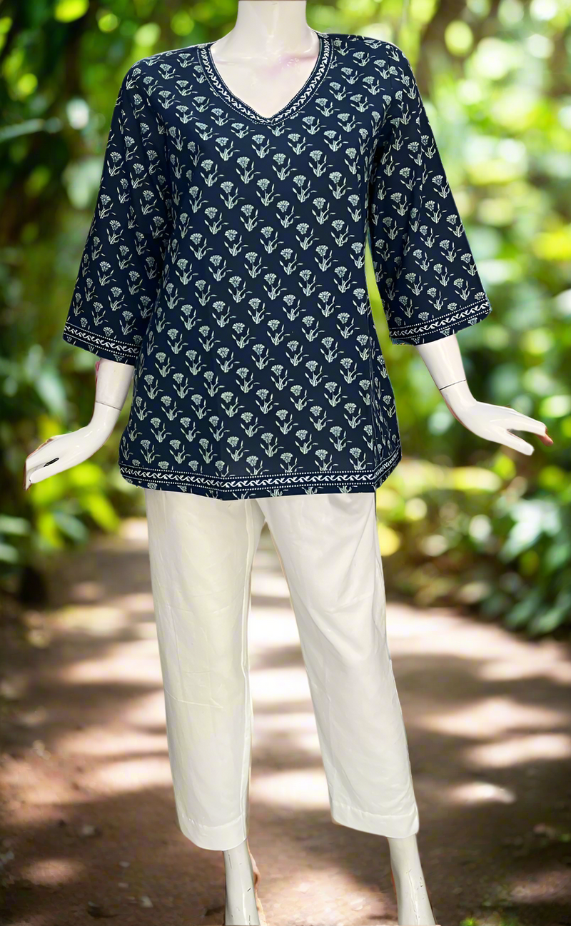 Blue Flora Jaipur Cotton Short Kurti. Pure Versatile Cotton. | Laces and Frills