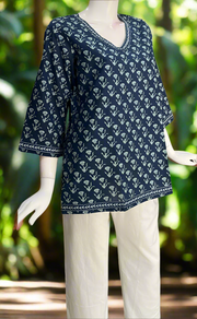 Blue Flora Jaipur Cotton Short Kurti. Pure Versatile Cotton. | Laces and Frills