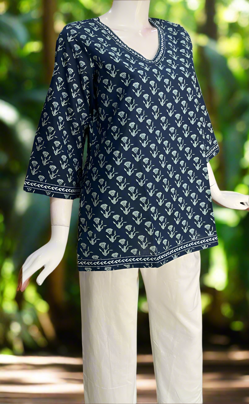 Blue Flora Jaipur Cotton Short Kurti. Pure Versatile Cotton. | Laces and Frills