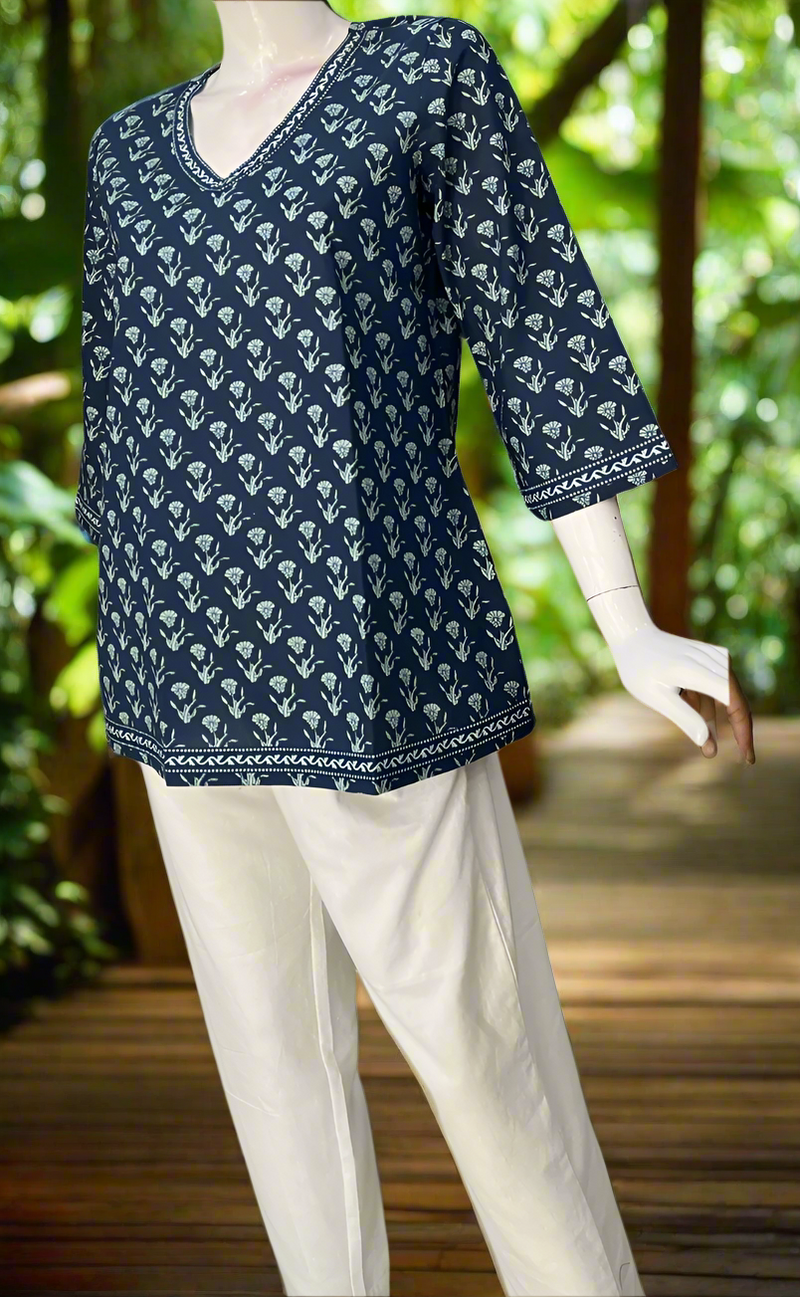 Blue Flora Jaipur Cotton Short Kurti. Pure Versatile Cotton. | Laces and Frills