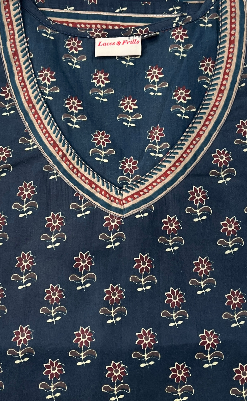 Indigo Blue Tiny Flora Jaipur Cotton Short Kurti. Pure Versatile Cotton. | Laces and Frills