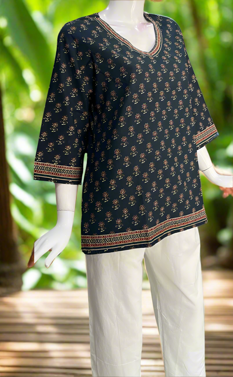 Indigo Blue Tiny Flora Jaipur Cotton Short Kurti. Pure Versatile Cotton. | Laces and Frills