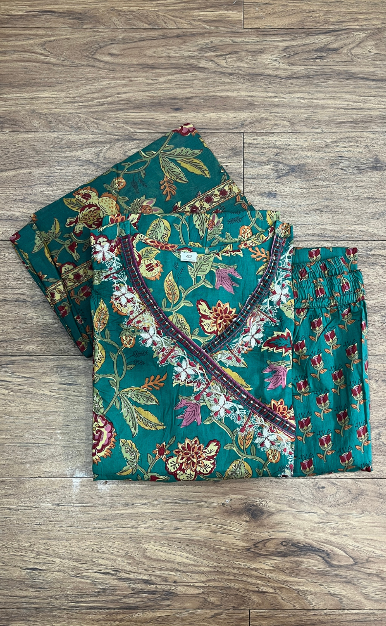 Bottle Green Garden Jaipur Cotton Kurti With Pant And Dupatta Set.Pure Versatile Cotton. | Laces and Frills - Laces and Frills