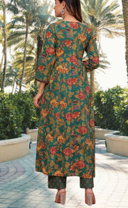 Bottle Green Garden Jaipur Cotton Kurti With Pant And Dupatta Set.Pure Versatile Cotton. | Laces and Frills - Laces and Frills