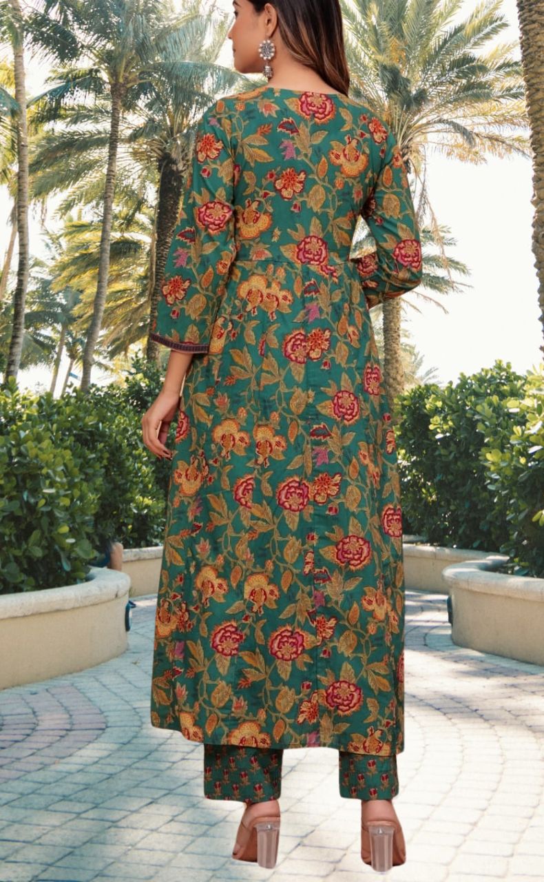 Bottle Green Garden Jaipur Cotton Kurti With Pant And Dupatta Set.Pure Versatile Cotton. | Laces and Frills - Laces and Frills