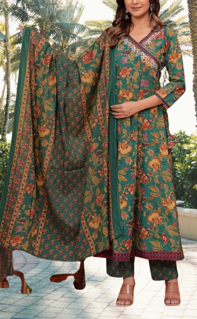 Bottle Green Garden Jaipur Cotton Kurti With Pant And Dupatta Set.Pure Versatile Cotton. | Laces and Frills - Laces and Frills