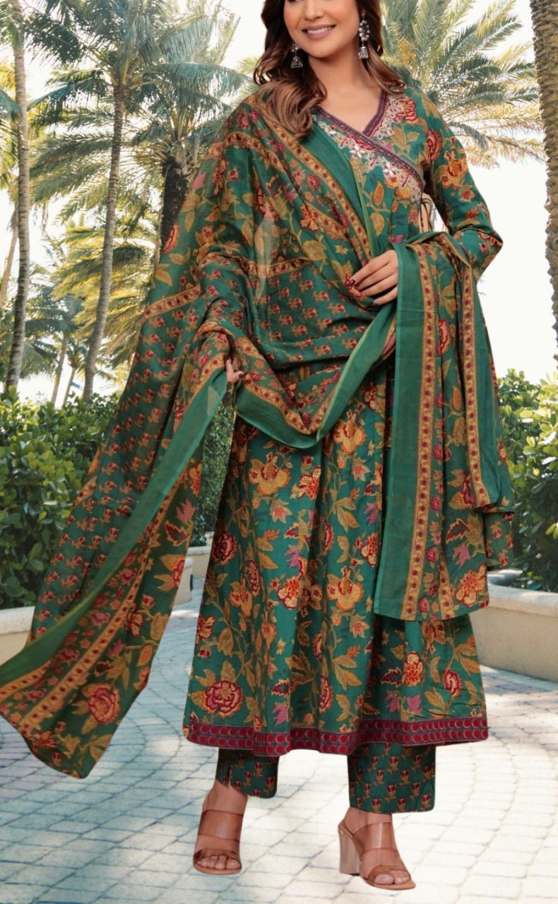 Bottle Green Garden Jaipur Cotton Kurti With Pant And Dupatta Set.Pure Versatile Cotton. | Laces and Frills - Laces and Frills