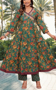 Bottle Green Garden Jaipur Cotton Kurti With Pant And Dupatta Set.Pure Versatile Cotton. | Laces and Frills - Laces and Frills