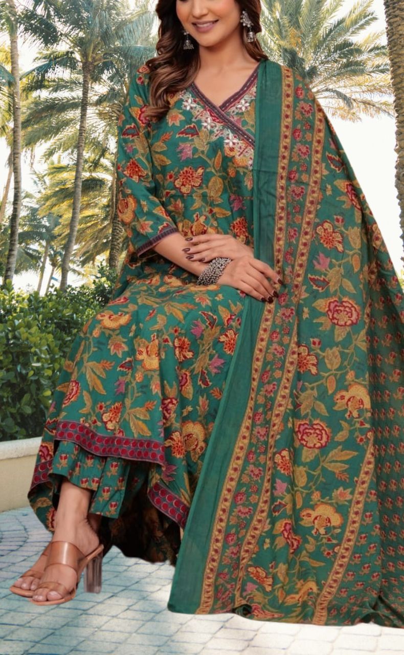 Bottle Green Garden Jaipur Cotton Kurti With Pant And Dupatta Set.Pure Versatile Cotton. | Laces and Frills - Laces and Frills