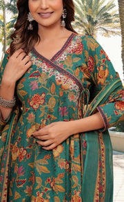 Bottle Green Garden Jaipur Cotton Kurti With Pant And Dupatta Set.Pure Versatile Cotton. | Laces and Frills - Laces and Frills