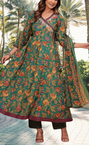 Bottle Green Garden Jaipur Cotton Kurti With Pant And Dupatta Set.Pure Versatile Cotton. | Laces and Frills - Laces and Frills