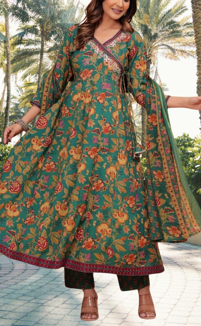 Bottle Green Garden Jaipur Cotton Kurti With Pant And Dupatta Set.Pure Versatile Cotton. | Laces and Frills - Laces and Frills