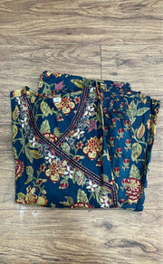 Navy Blue Garden Jaipur Cotton Kurti With Pant And Dupatta Set.Pure Versatile Cotton. | Laces and Frills - Laces and Frills
