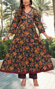 Navy Blue Garden Jaipur Cotton Kurti With Pant And Dupatta Set.Pure Versatile Cotton. | Laces and Frills - Laces and Frills