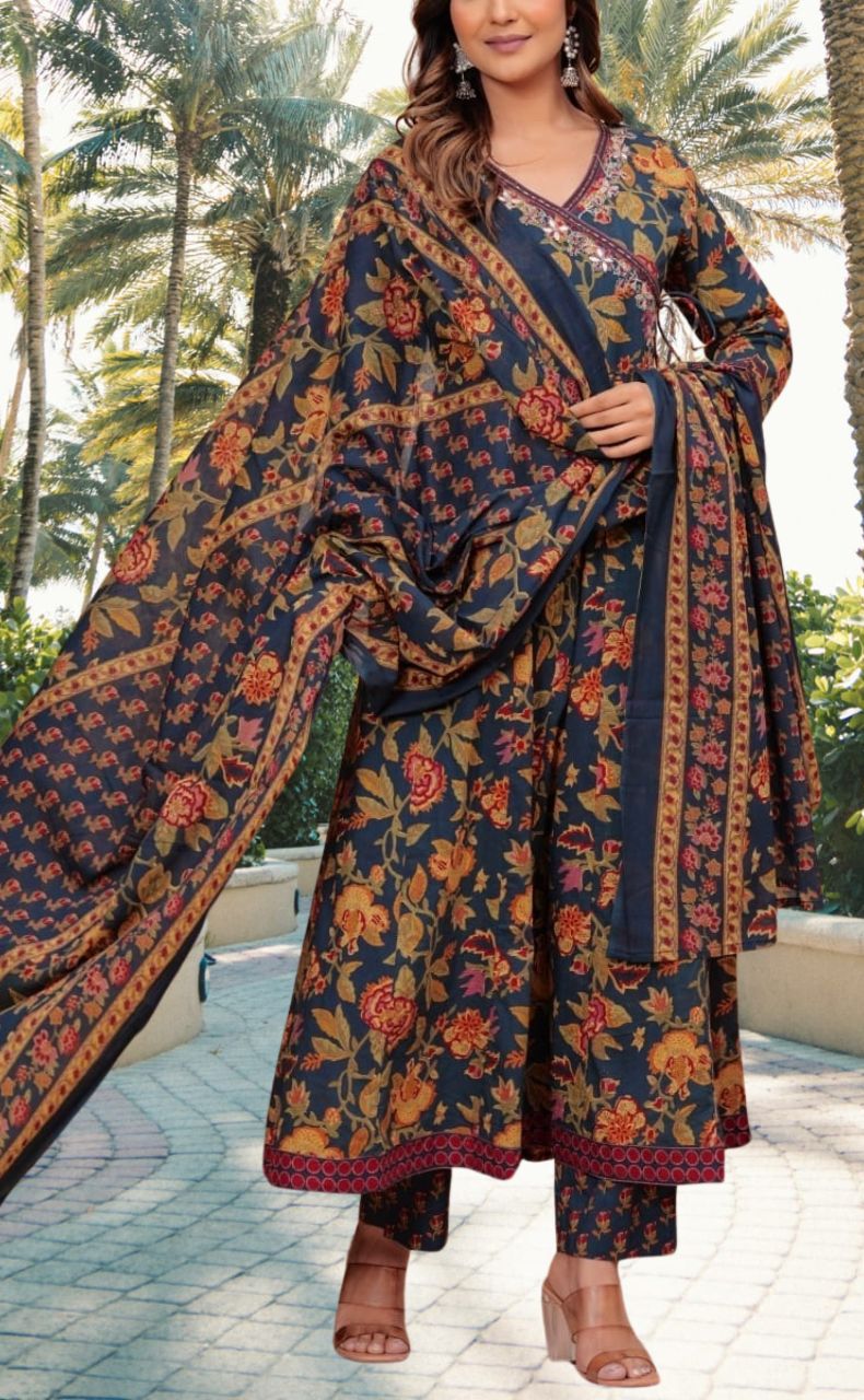 Navy Blue Garden Jaipur Cotton Kurti With Pant And Dupatta Set.Pure Versatile Cotton. | Laces and Frills - Laces and Frills