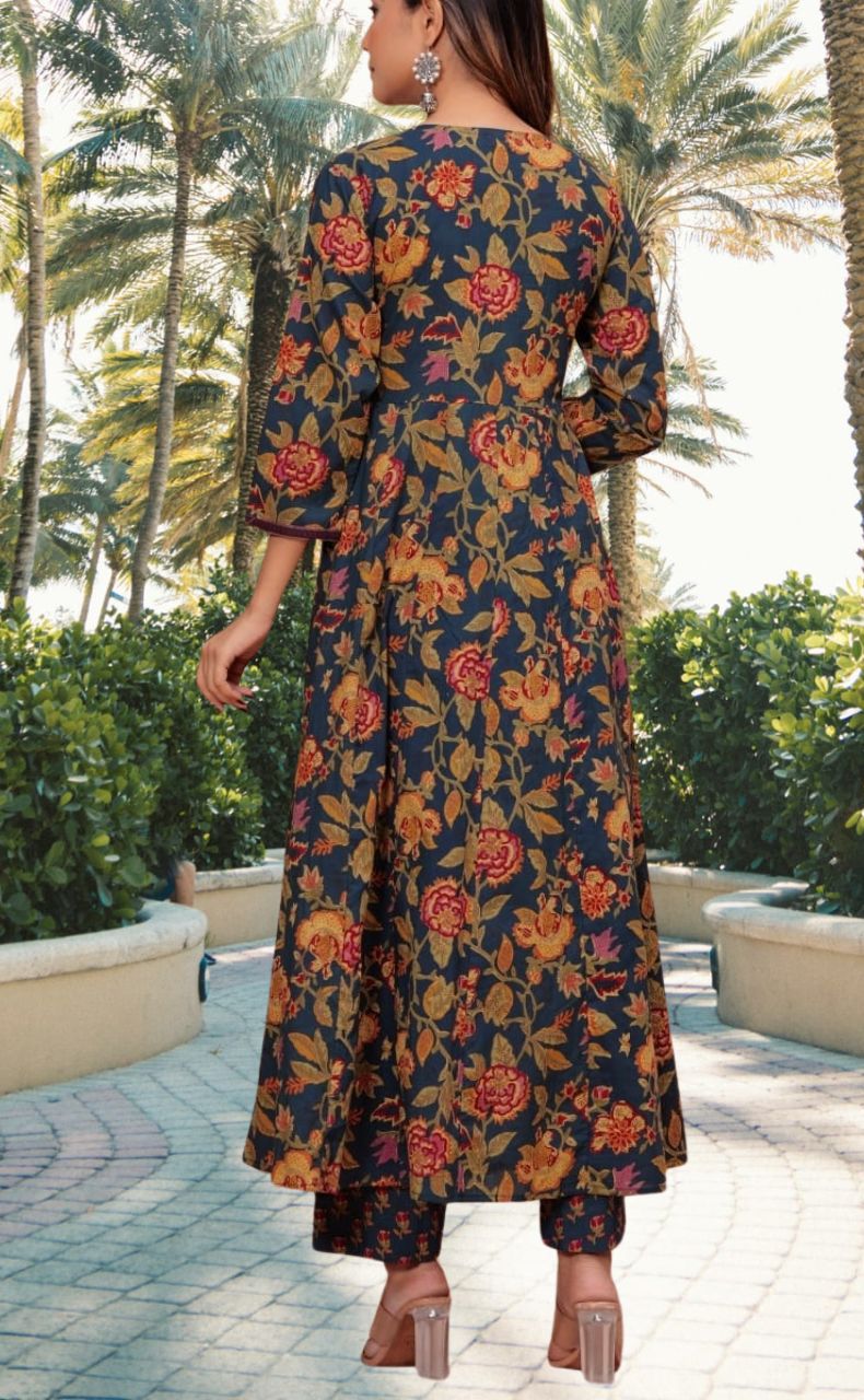 Navy Blue Garden Jaipur Cotton Kurti With Pant And Dupatta Set.Pure Versatile Cotton. | Laces and Frills - Laces and Frills