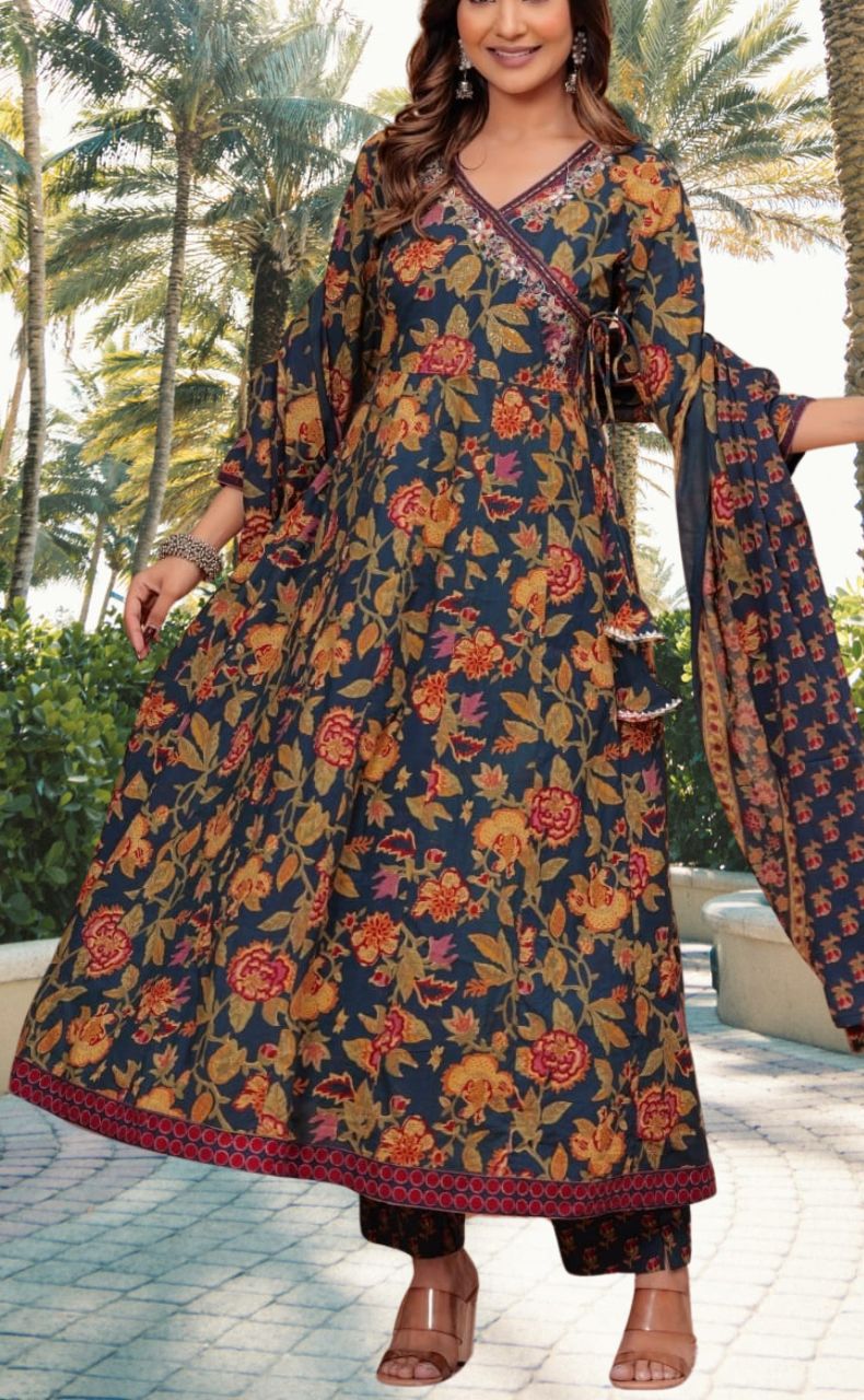 Navy Blue Garden Jaipur Cotton Kurti With Pant And Dupatta Set.Pure Versatile Cotton. | Laces and Frills - Laces and Frills