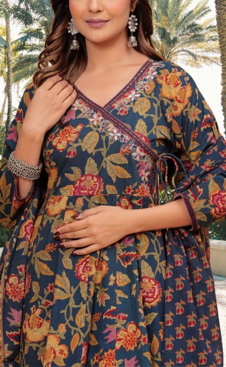 Navy Blue Garden Jaipur Cotton Kurti With Pant And Dupatta Set.Pure Versatile Cotton. | Laces and Frills - Laces and Frills